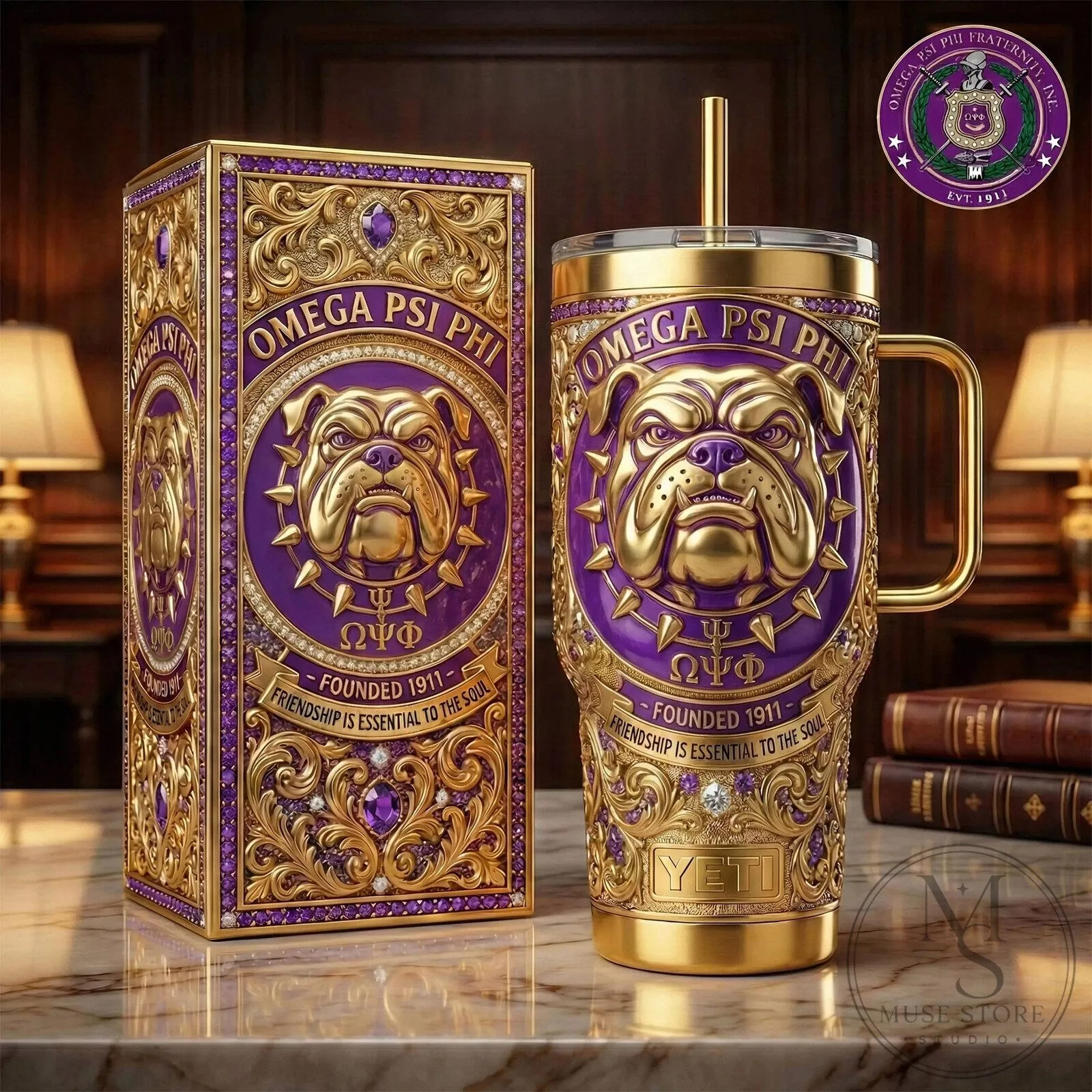 Omega Psi Phi Fraternity Bulldog Gold Purple Handle Tumbler 1 Omega Psi Phi Fraternity Bulldog Gold Purple Handle Tumbler
