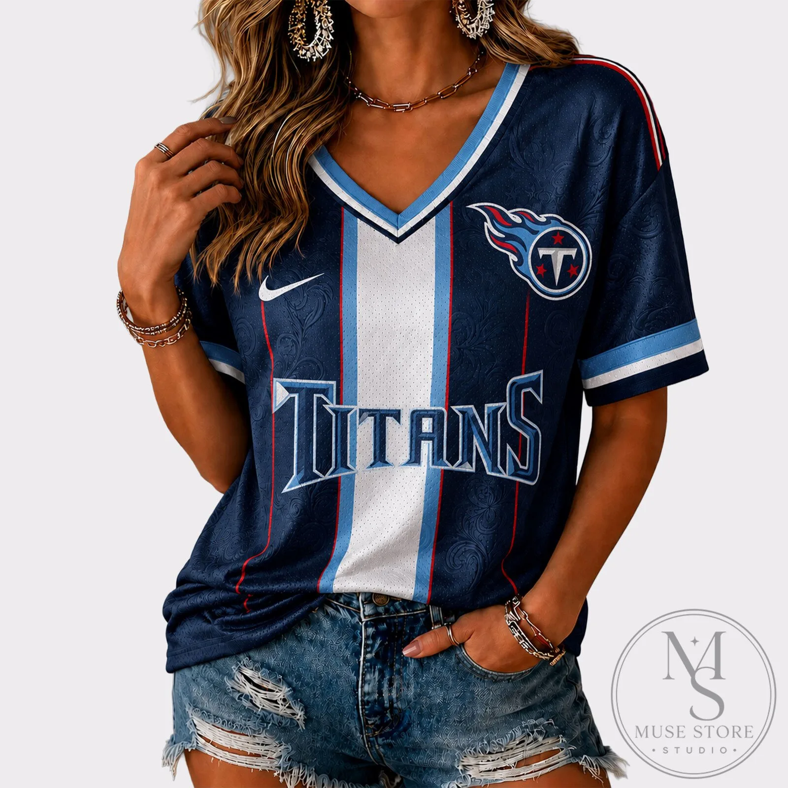 Tennessee Titans NFL Football Team Blue V-Neck Casual Game Day Jersey