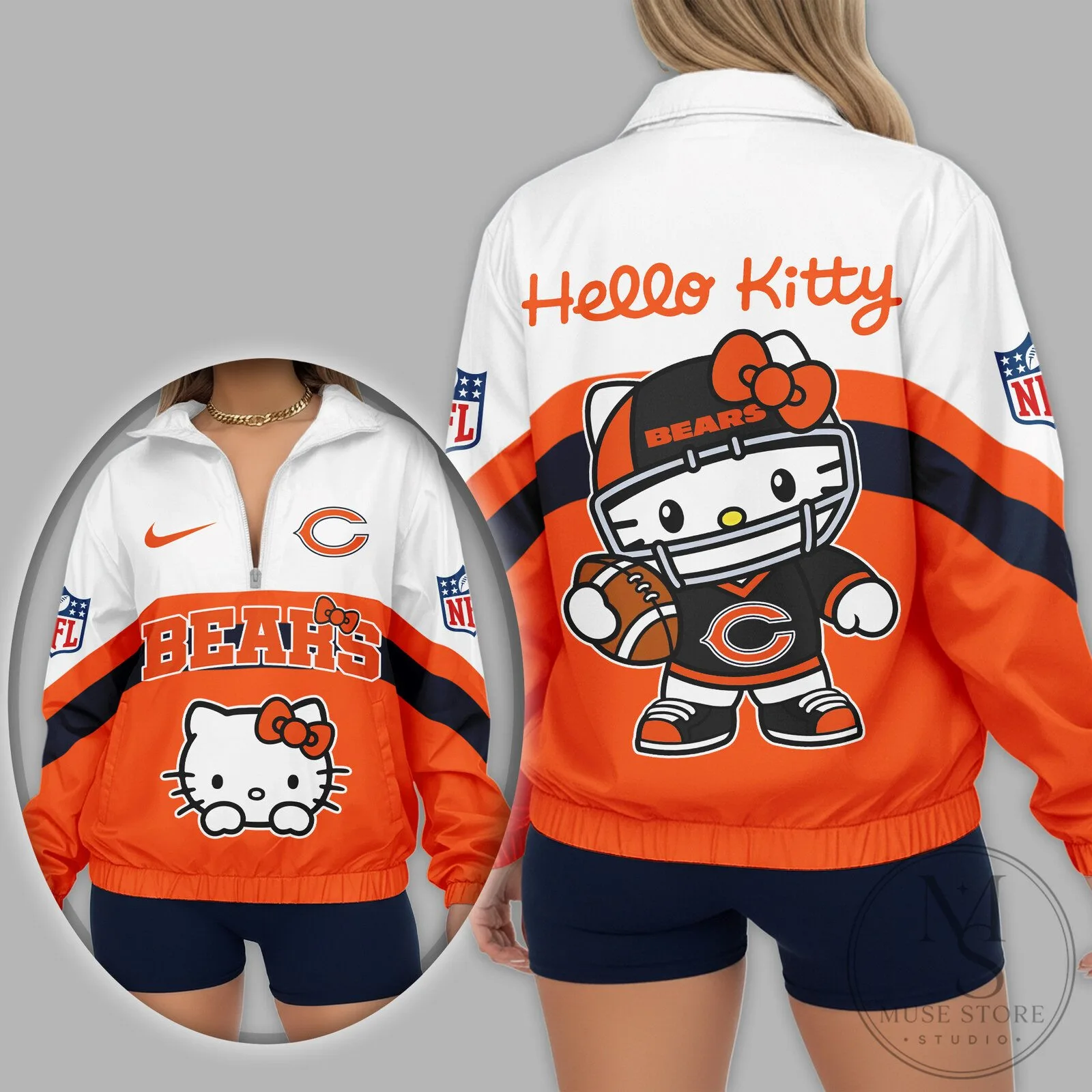 Chicago Bears Hello Kitty Football Fan Quarter Zip Jacket