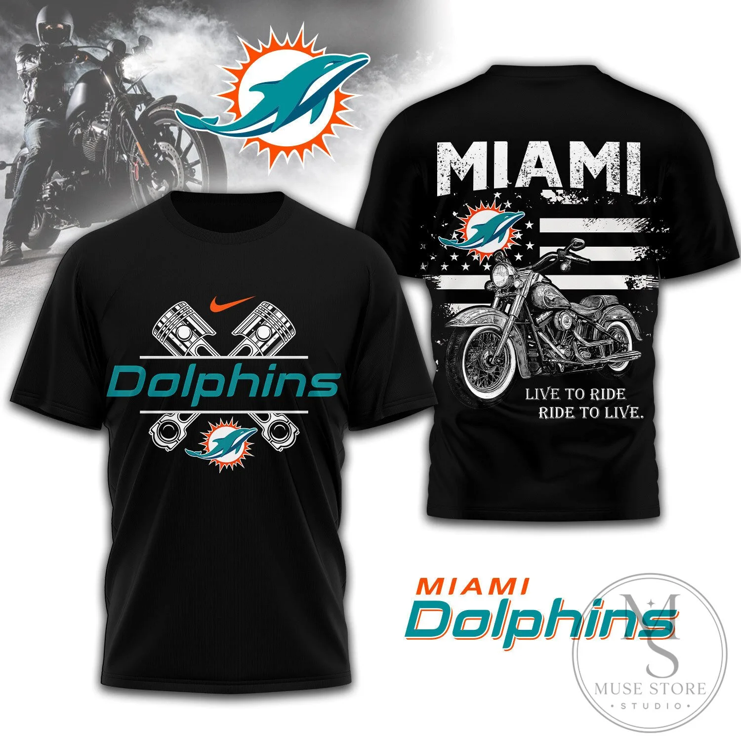 Miami Dolphins Motorcycle Engine American Flag Black Graphic T-Shirt