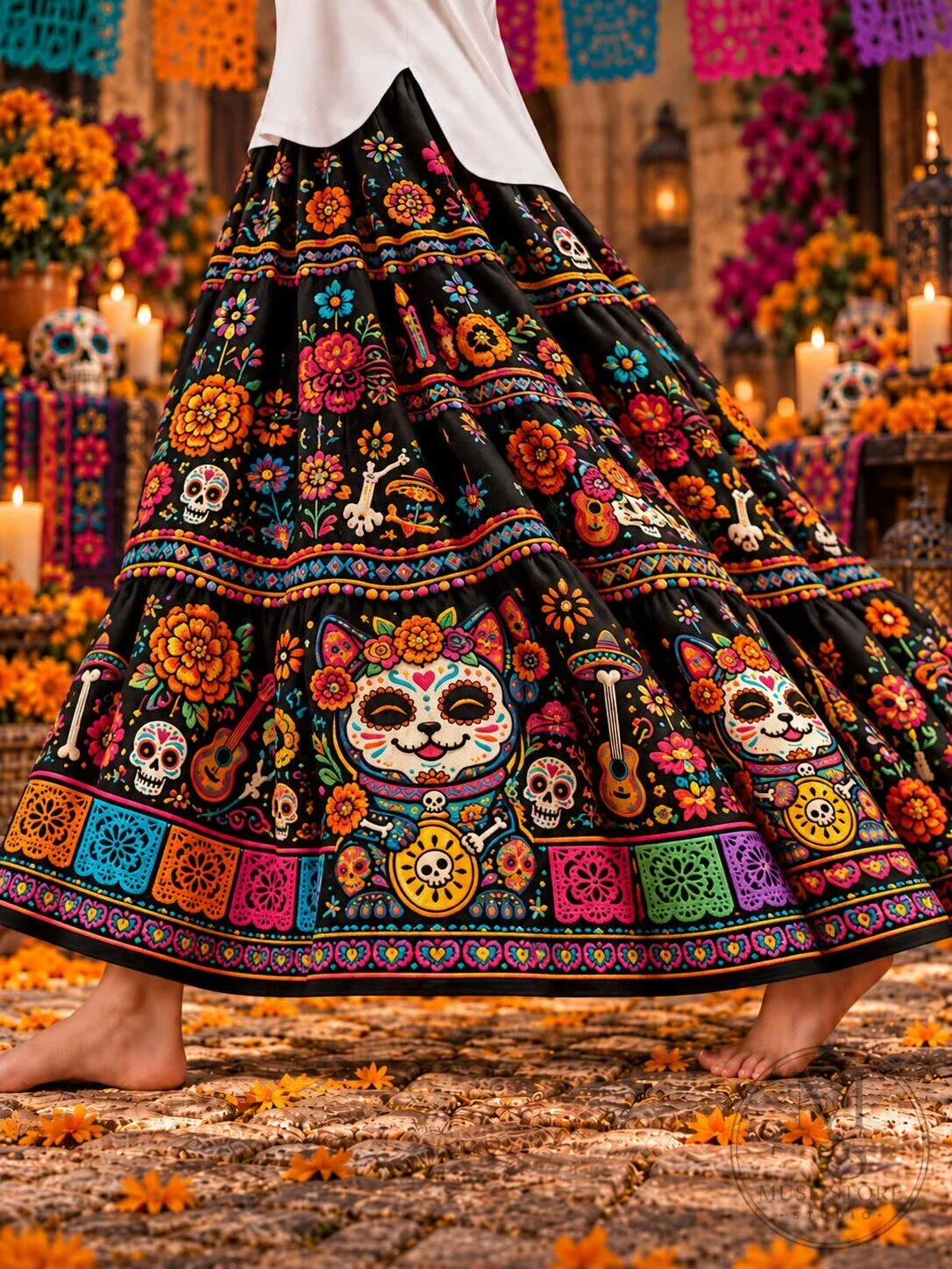 Day of the Dead Sugar Skull Cat Floral Folk Art Skirt
