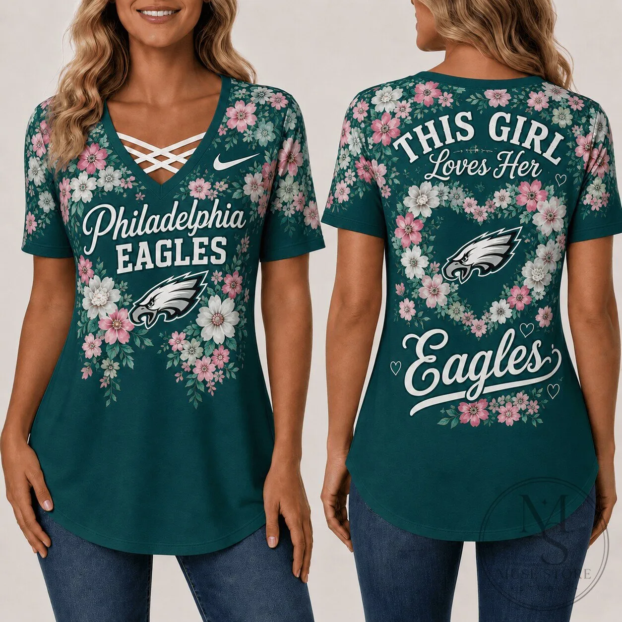 Floral Criss Cross V-Neck Tee for Philadelphia Eagles Fans - Short Sleeve Design