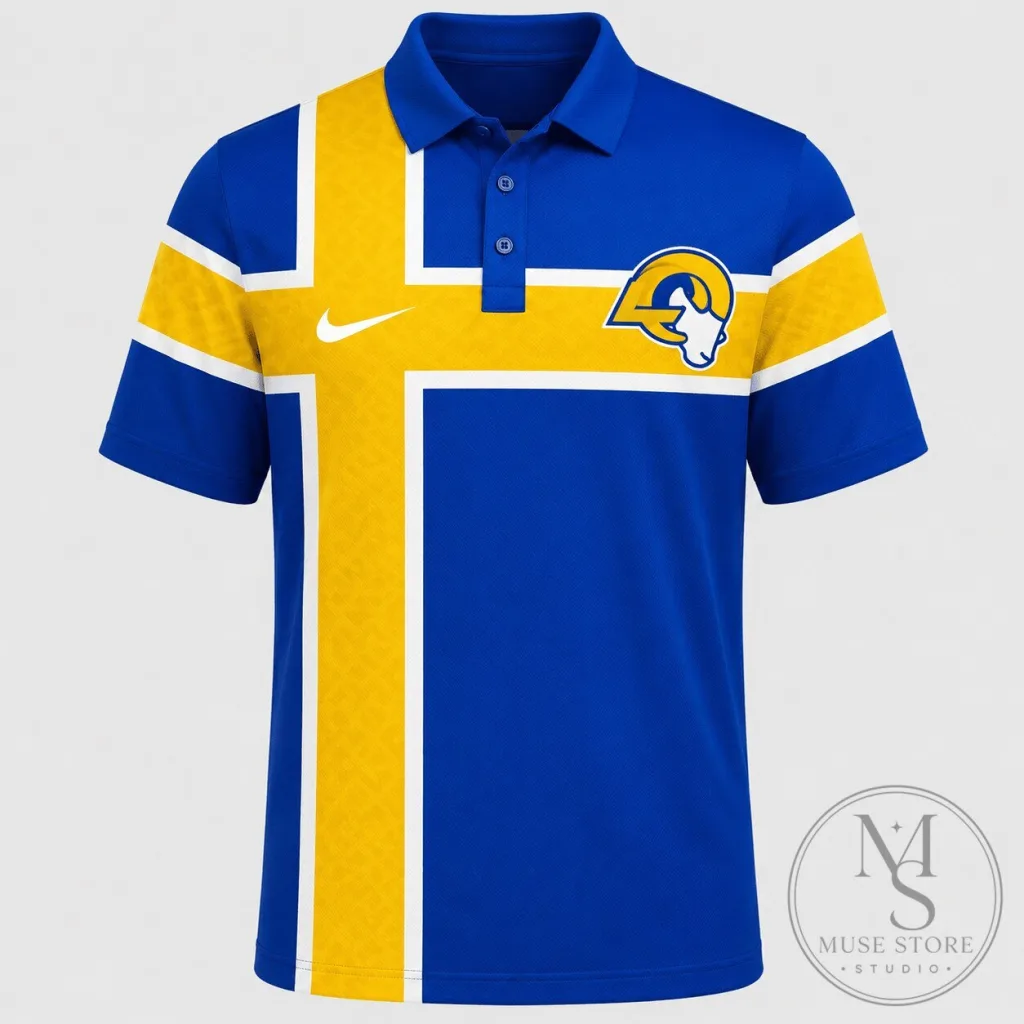 Los Angeles Rams National Football League Men's Blue and Gold Striped Polo Shirt Los Angeles Rams National Football League Men's Blue and Gold Striped Polo Shirt