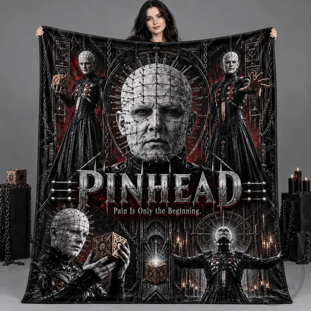 Pinhead Horror Movie Character Portrait and Hanging Chains Fleece Blanket