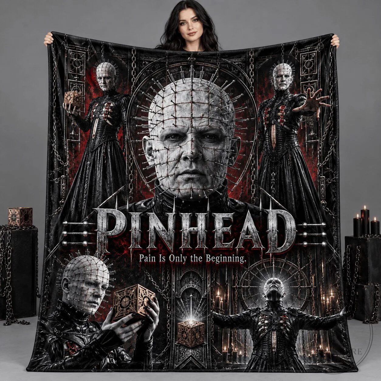 Pinhead Horror Movie Character Portrait and Hanging Chains Fleece Blanket
