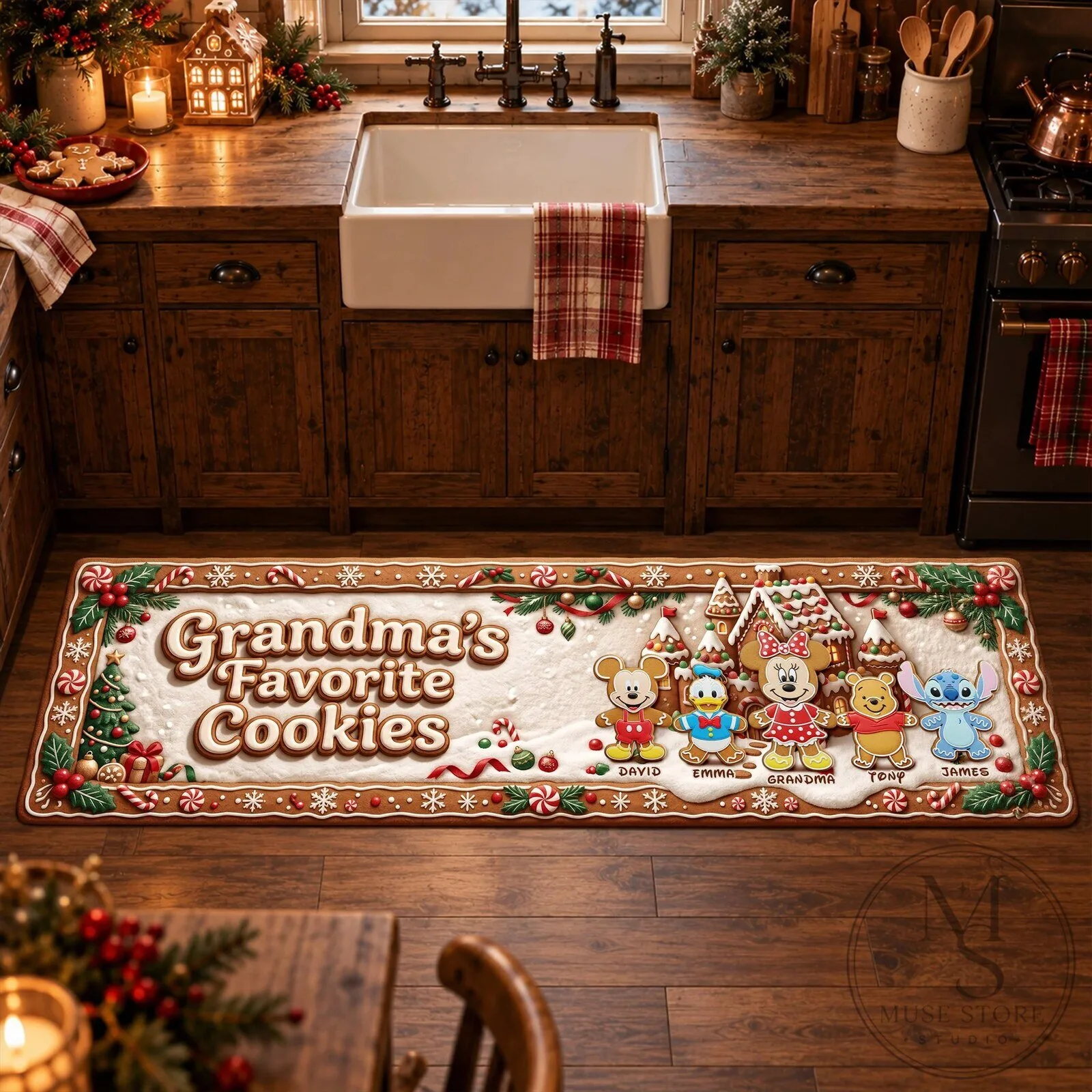 Grandma's Favorite Cookies Disney Characters Gingerbread Christmas Kitchen Rug