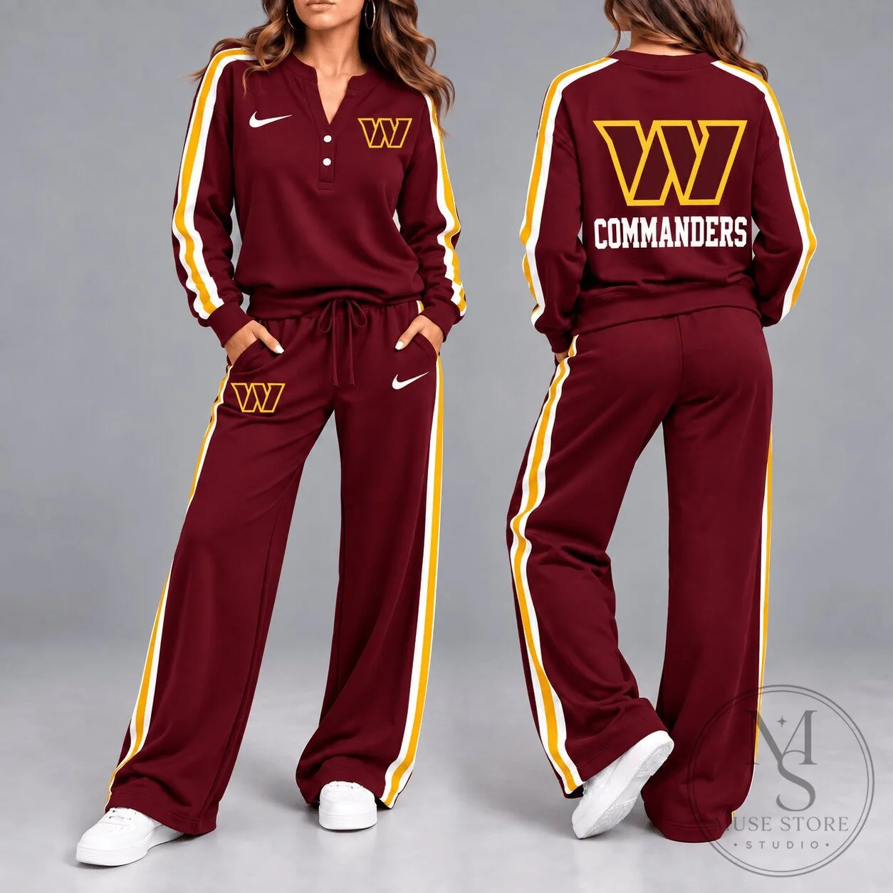 Washington Commanders Women's Game Day Sporty Stripe Long Sleeve Pullover Top and Wide Leg Pants Set
