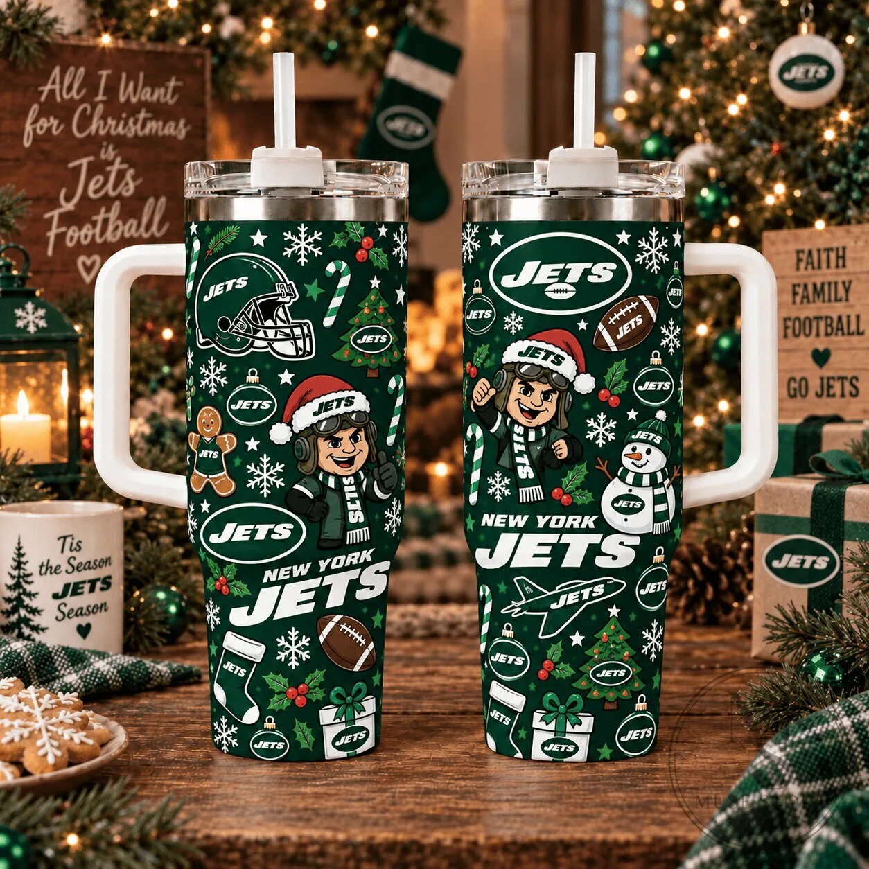 New York Jets Christmas Holiday Football Team Fan Tumbler with Handle and Straw