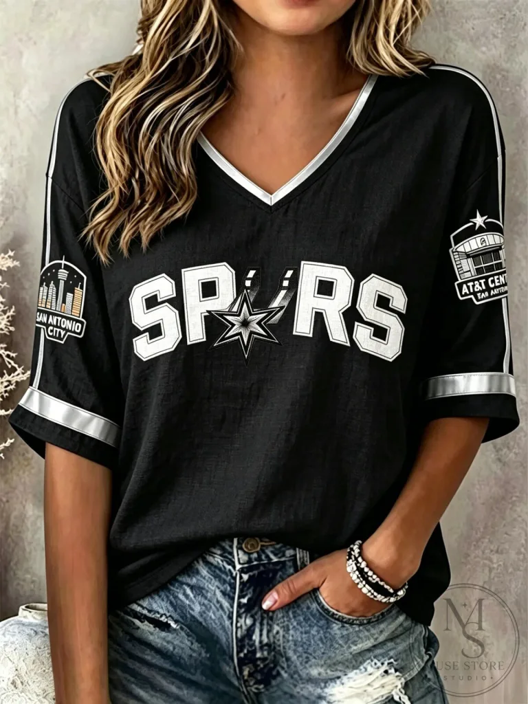 San Antonio Spurs Basketball Fan Shirt for Women, Classic V-Neck Short Sleeve T-Shirt