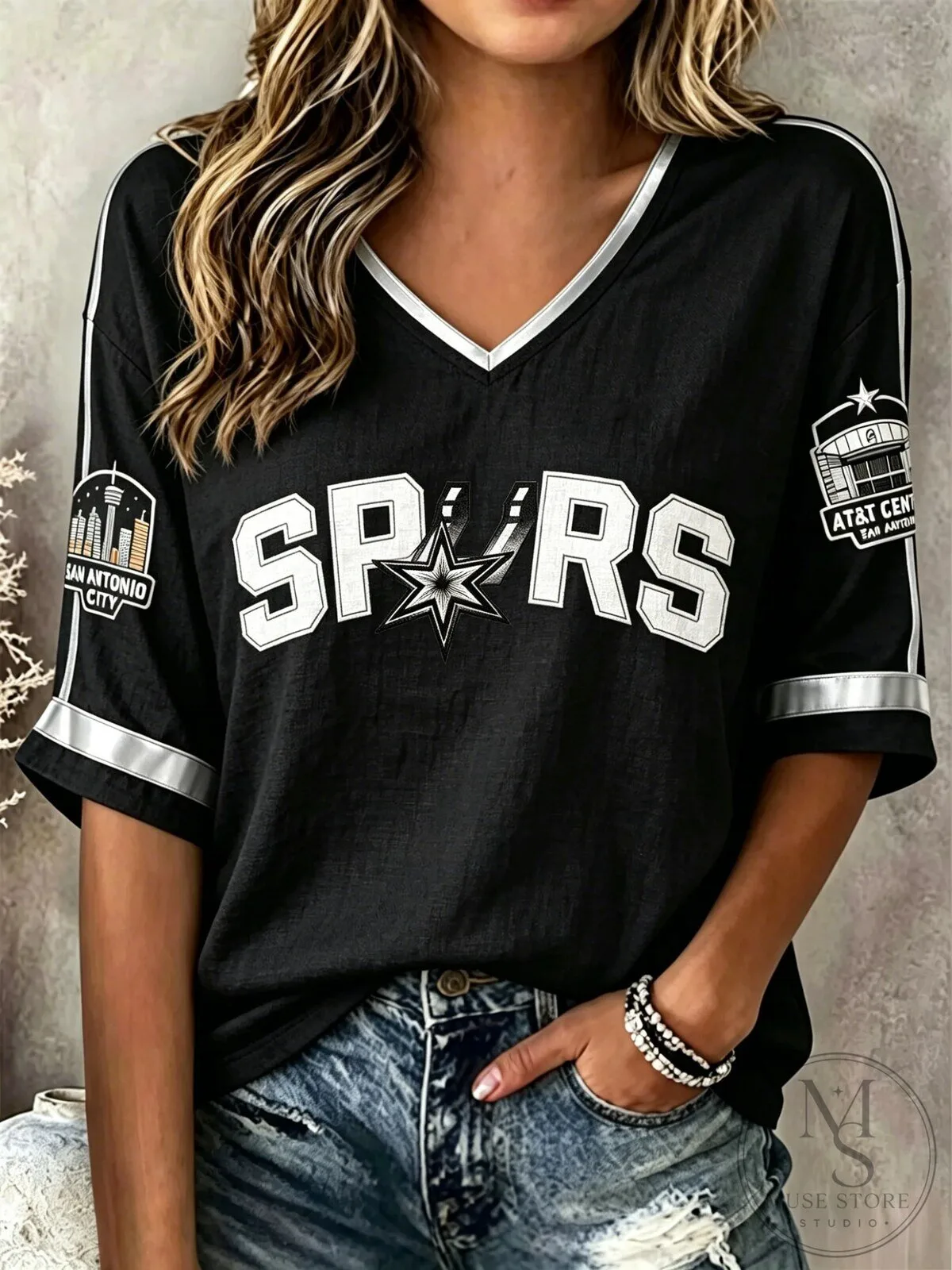 San Antonio Spurs Basketball Fan Shirt for Women, Classic V-Neck Short Sleeve T-Shirt