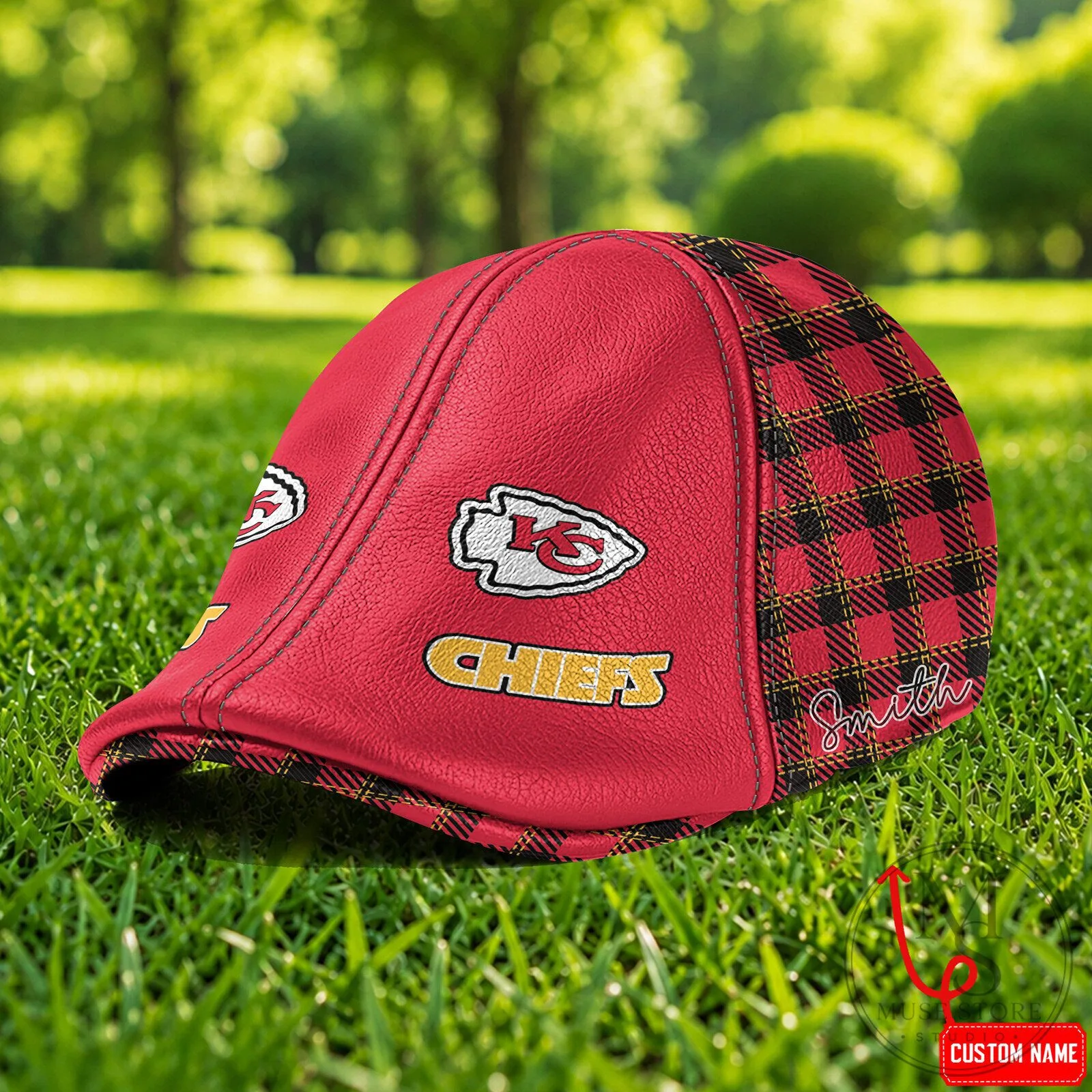 Kansas City Chiefs Custom Name Plaid and Leather Golf Cap Hat