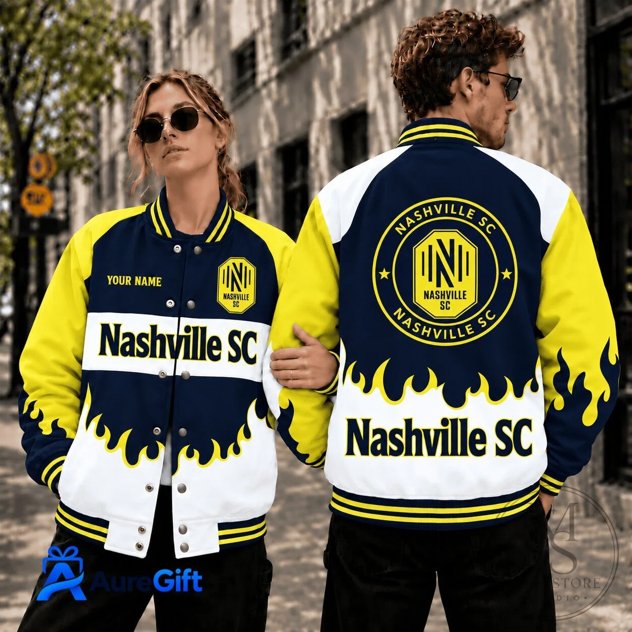 Nashville SC MLS Personalized Baseball Jacket with Flames Design 1 Nashville SC MLS Personalized Baseball Jacket with Flames Design