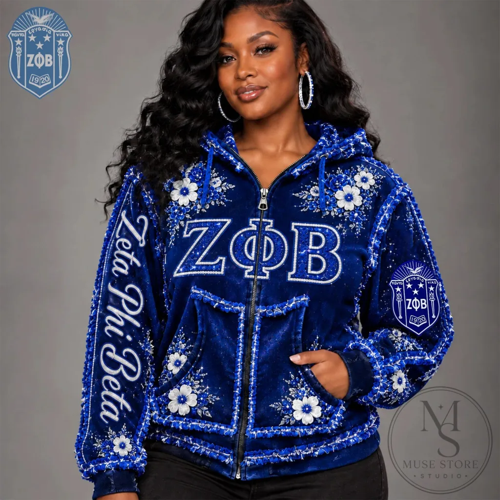 Zeta Phi Beta Royal Blue Velvet Sequin Embroidered Full-Zip Hoodie Zeta Phi Beta Royal Blue Velvet Sequin Embroidered Full-Zip Hoodie