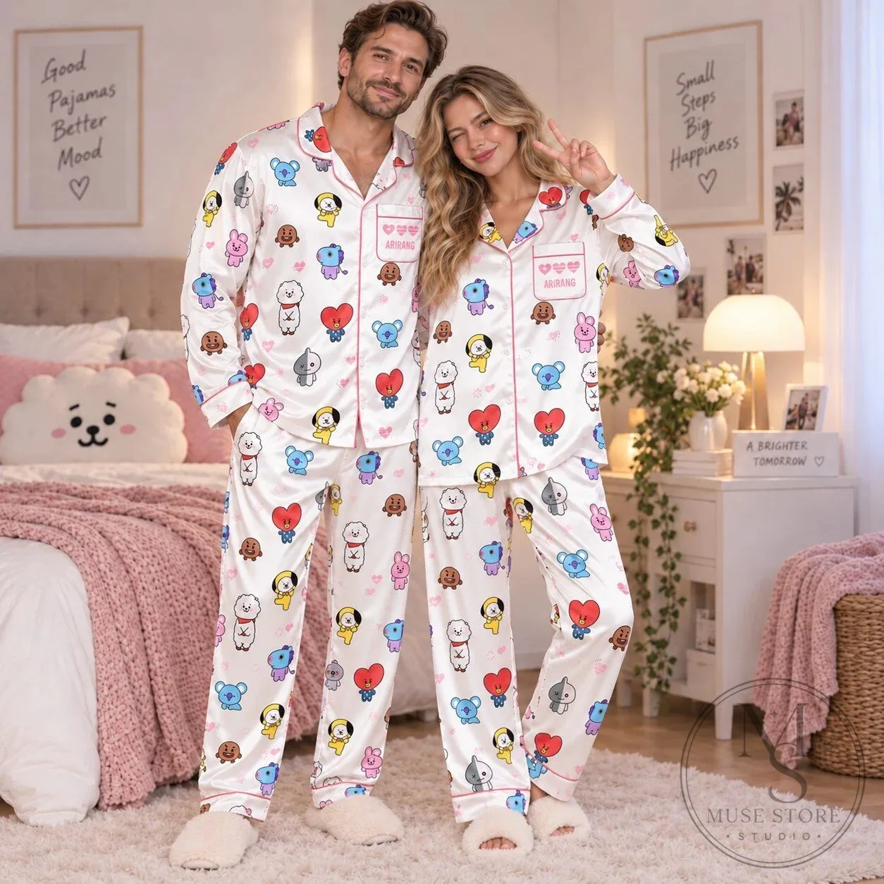 BT21 Cartoon Characters Matching Satin Pajamas Set 1 BT21 Cartoon Characters Matching Satin Pajamas Set