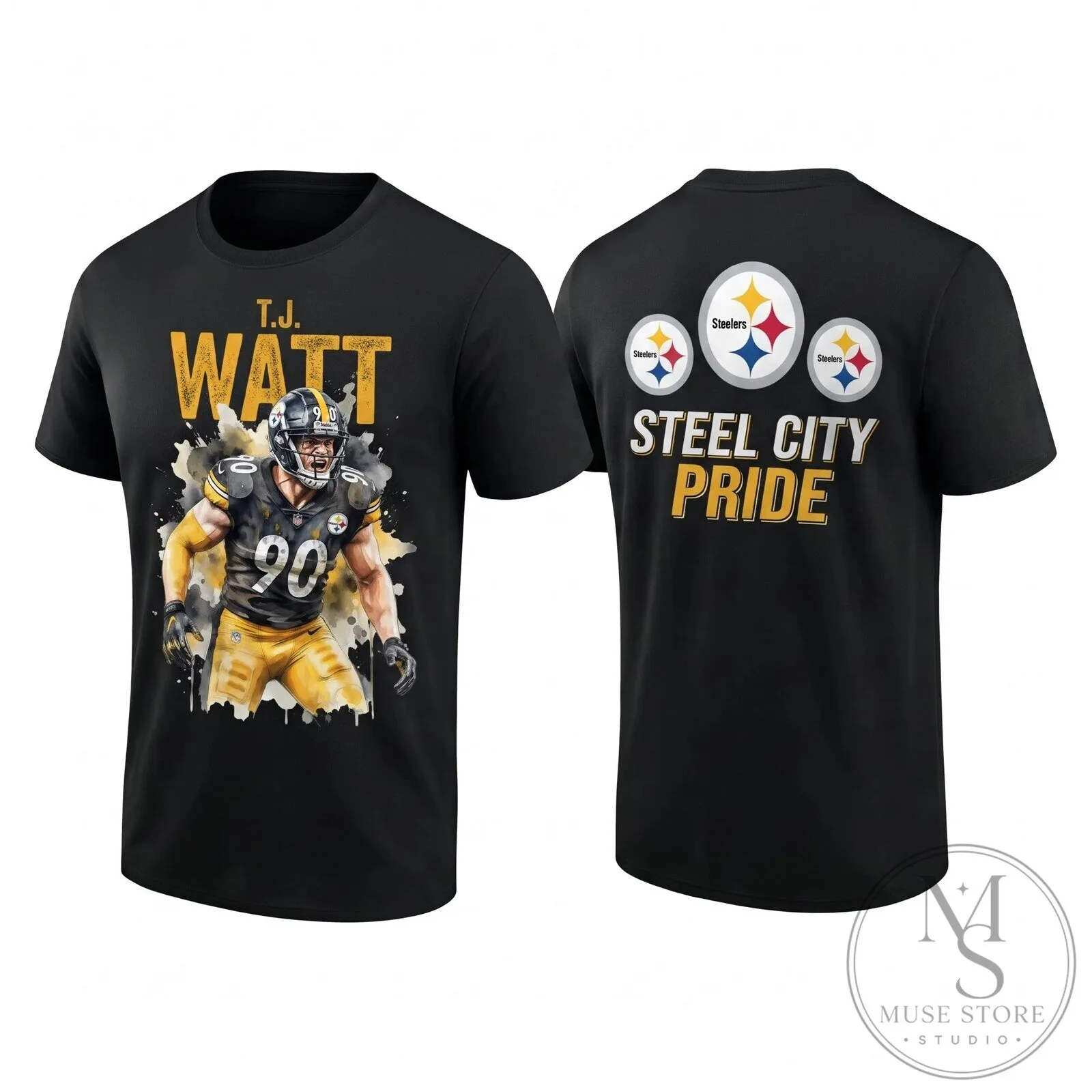 Black Graphic T-Shirt featuring T.J. Watt, Pittsburgh Steelers Football Star