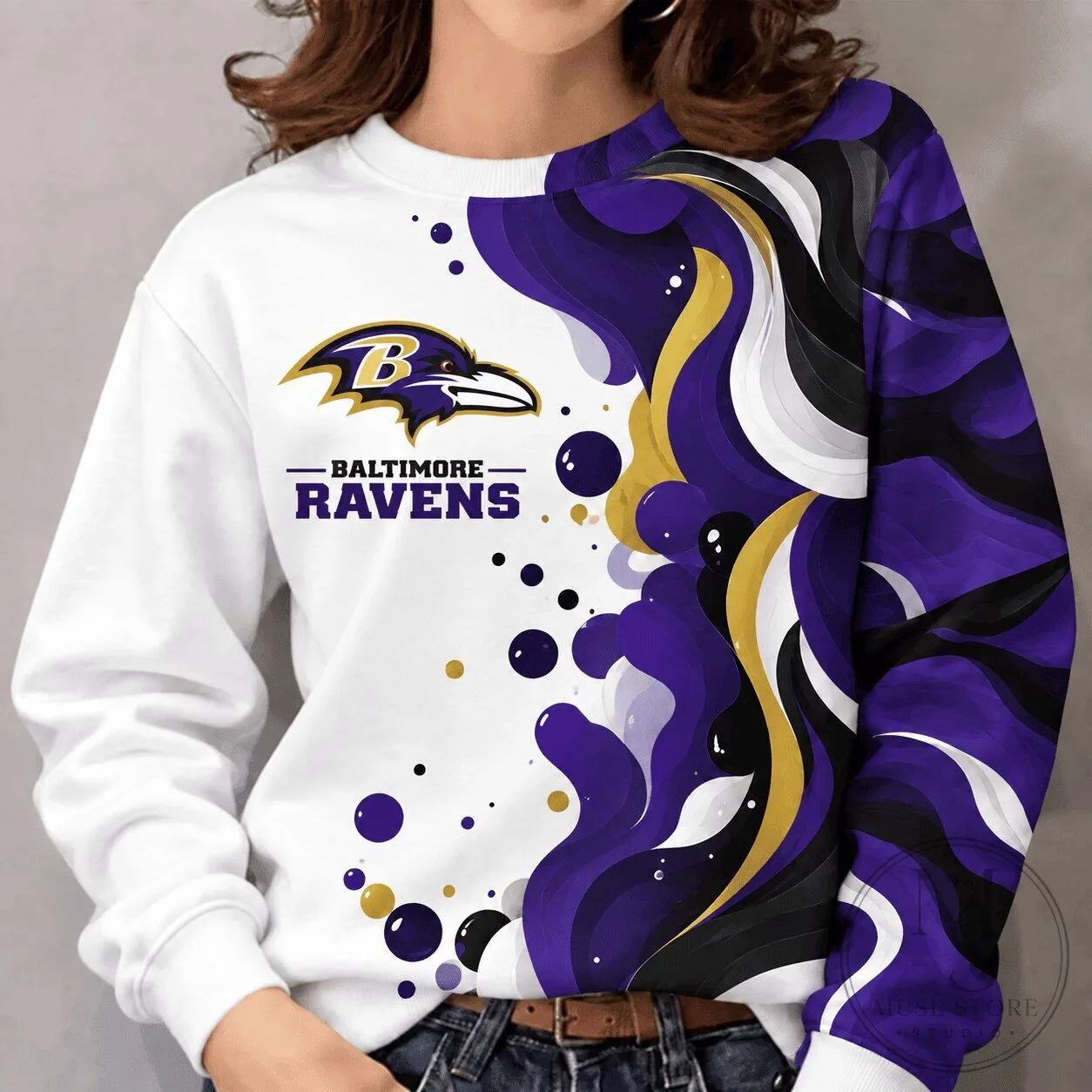 Baltimore Ravens NFL Team Purple White Abstract Design Crewneck Sweatshirt