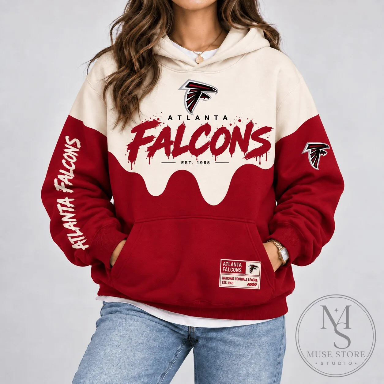 Atlanta Falcons National Football League Paint Splatter Cream and Red Hoodie