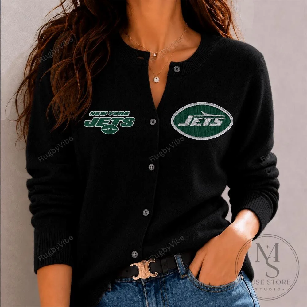 New York Jets NFL Football Team Logo Black Womens Cardigan Sweater