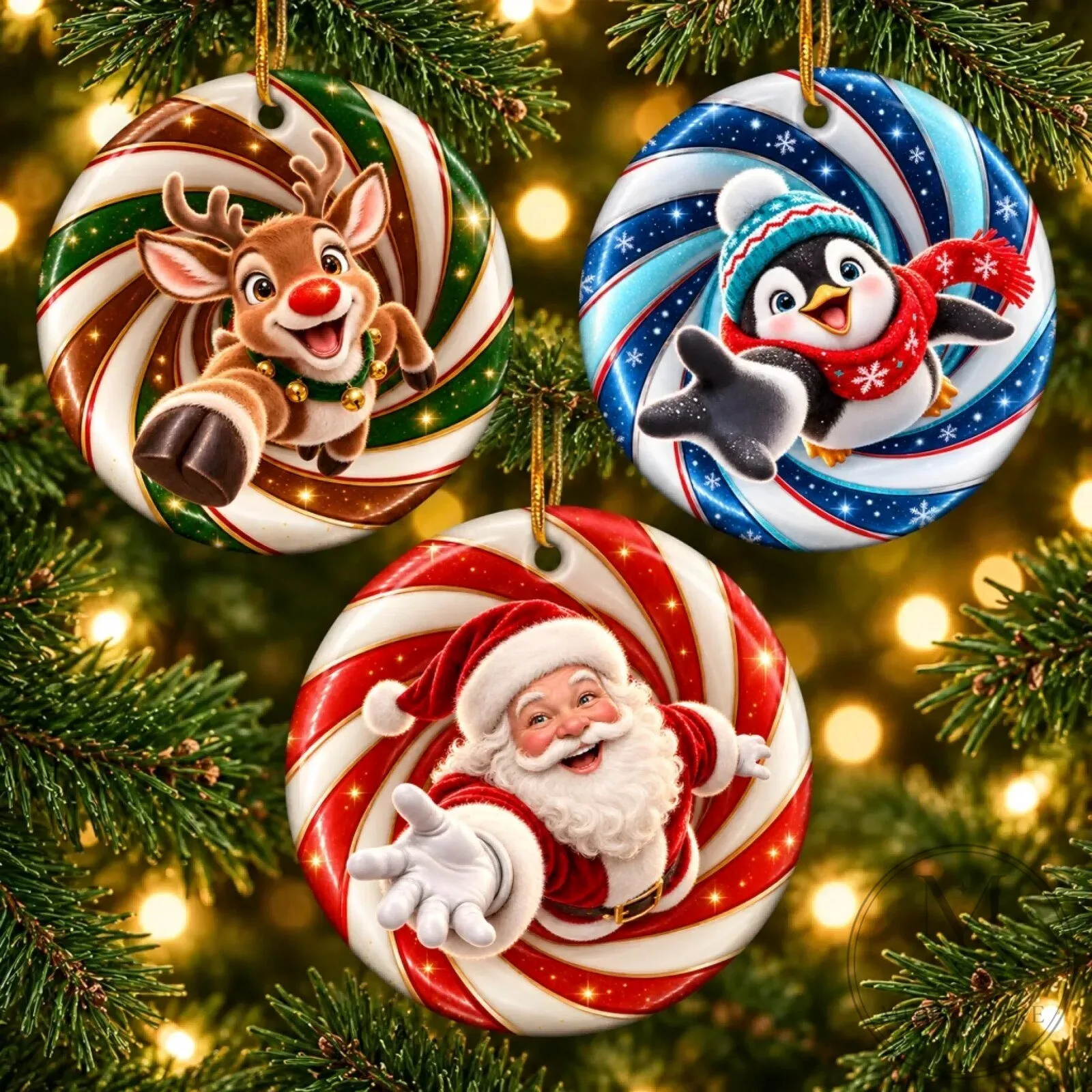 Personalized Reindeer Penguin Santa Claus Christmas Tree Ornament