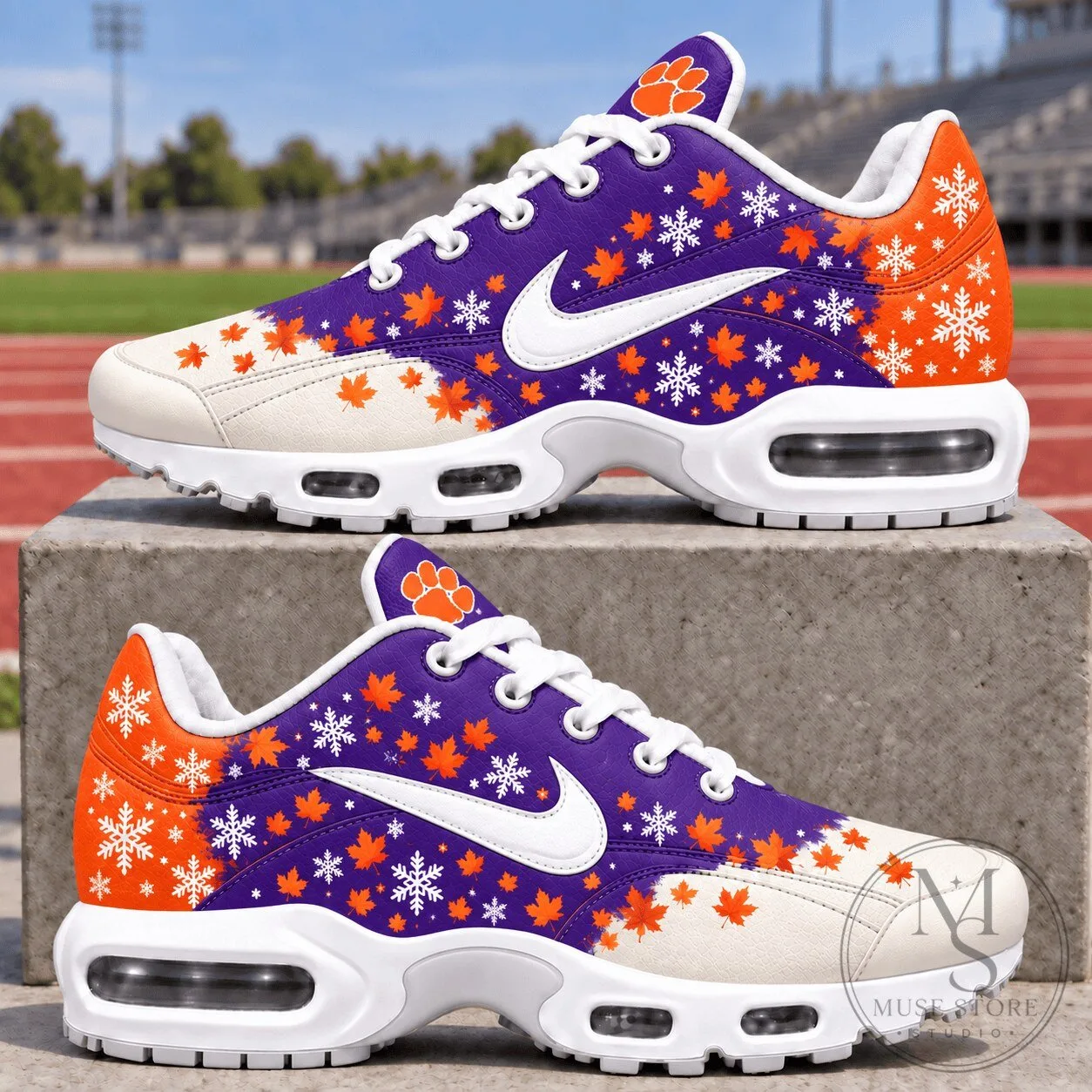 Clemson Tigers Autumn Leaves and Snowflakes Pattern Sneakers
