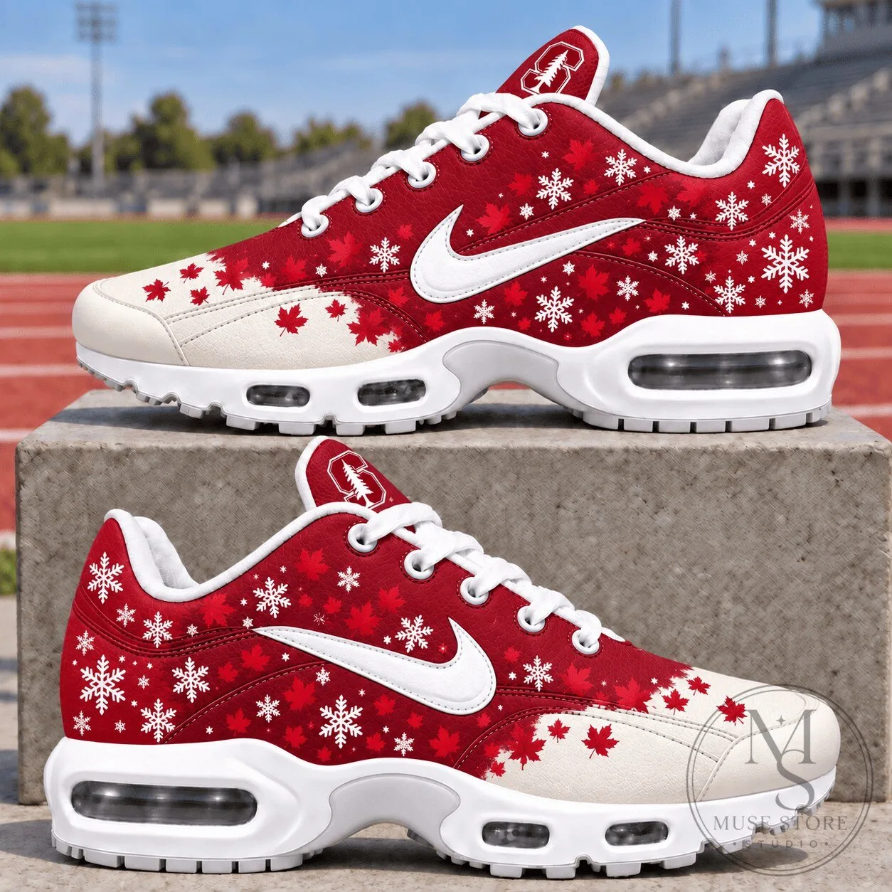 Stanford Cardinal Fall Season Air Max Sneakers with Maple Leaves and Snowflakes