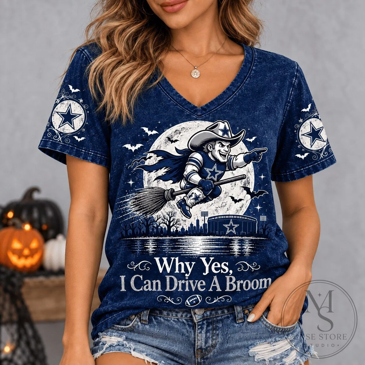 Dallas Cowboys Halloween Witch Flying Broom Game Day V-Neck T-Shirt