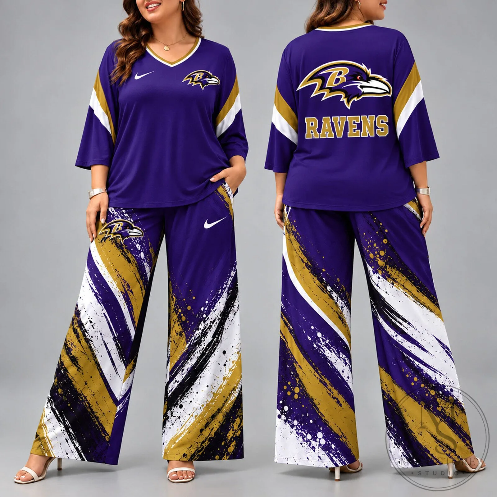 Baltimore Ravens NFL Game Day Spirit V-Neck Shirt and Wide-Leg Pants Set