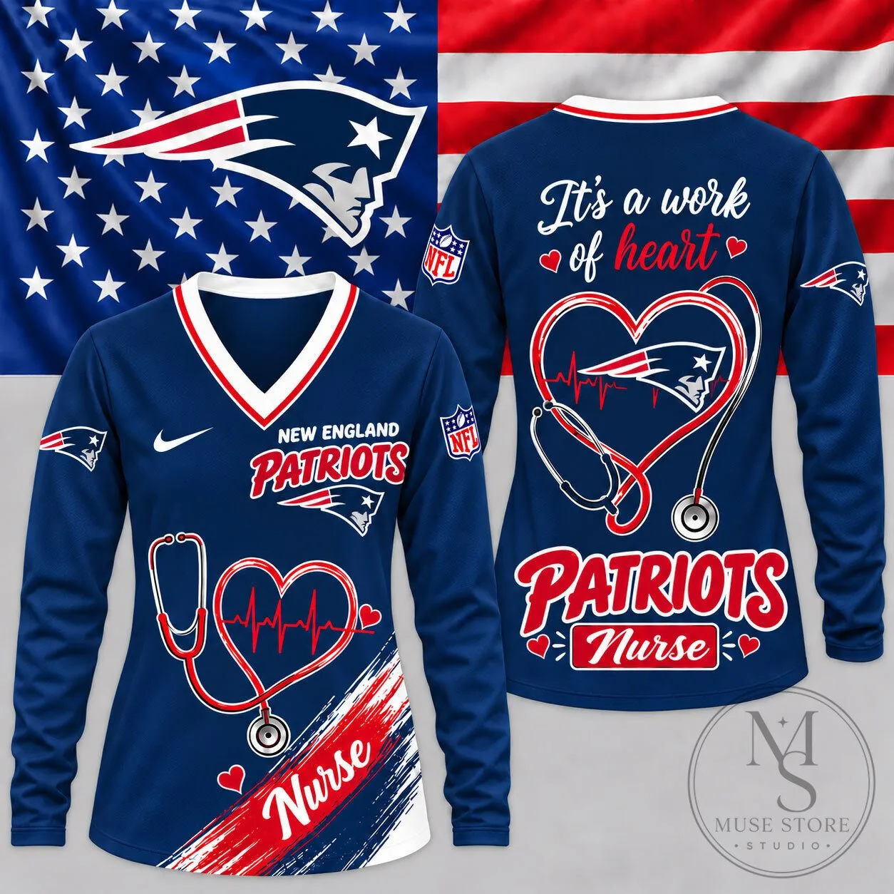 New England Patriots Nurse Heartbeat Pride V-Neck Long Sleeve Shirt 2 New England Patriots Nurse Heartbeat Pride V-Neck Long Sleeve Shirt