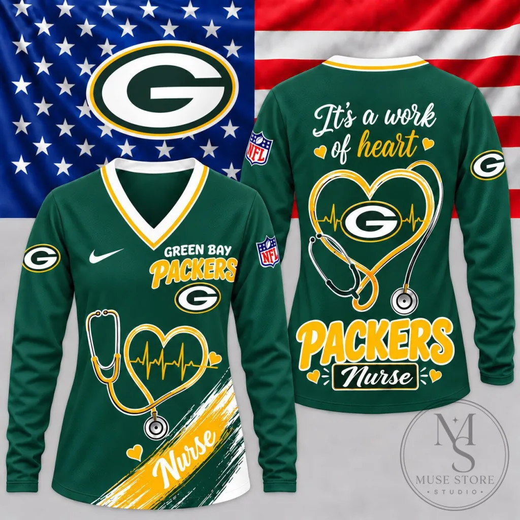 Green Bay Packers Nurse Heartbeat Long Sleeve V-Neck Shirt for Women Green Bay Packers Nurse Heartbeat Long Sleeve V-Neck Shirt for Women