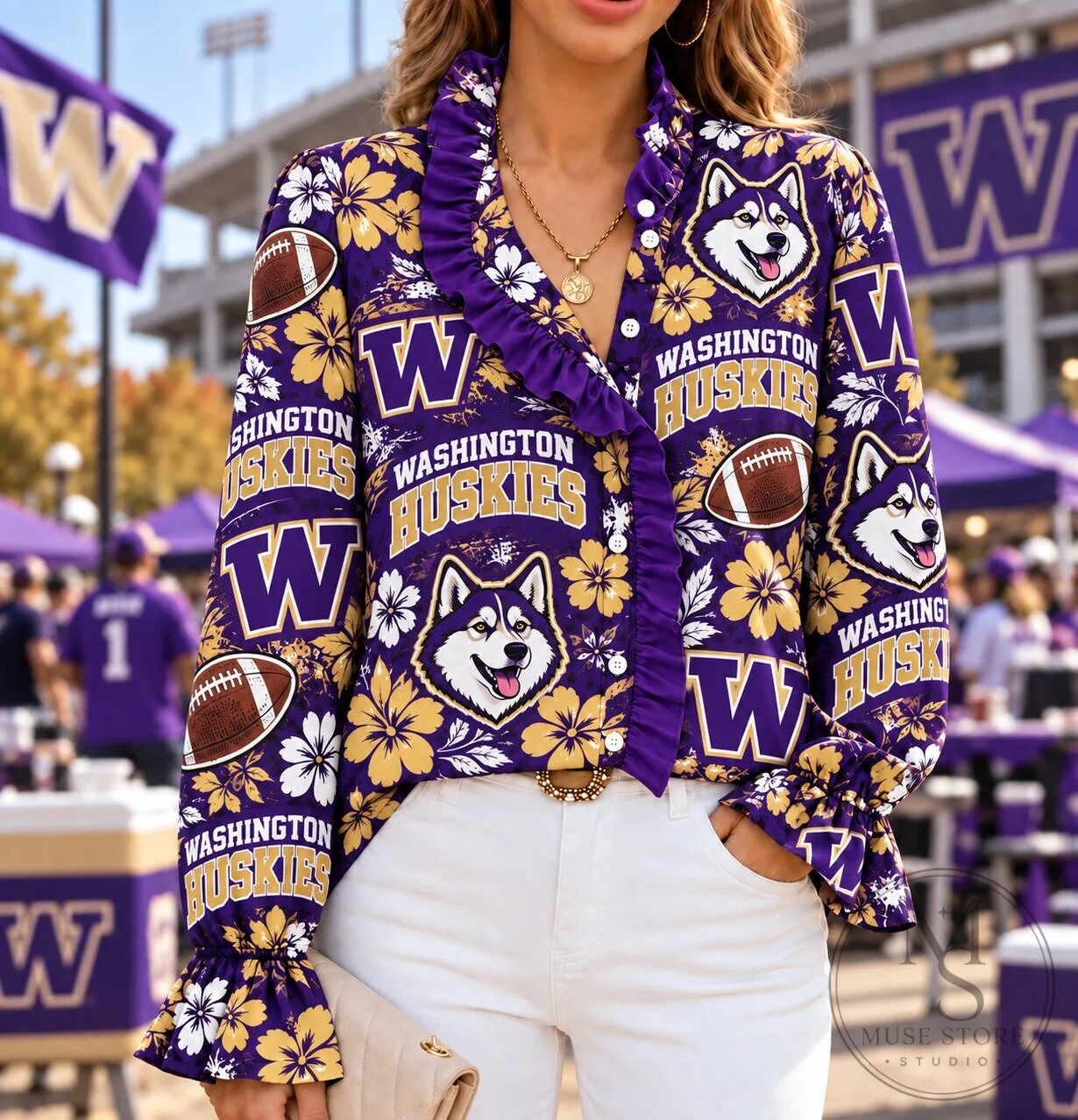 Washington Huskies Football Floral Ruffle Button Down Long Sleeve Shirt