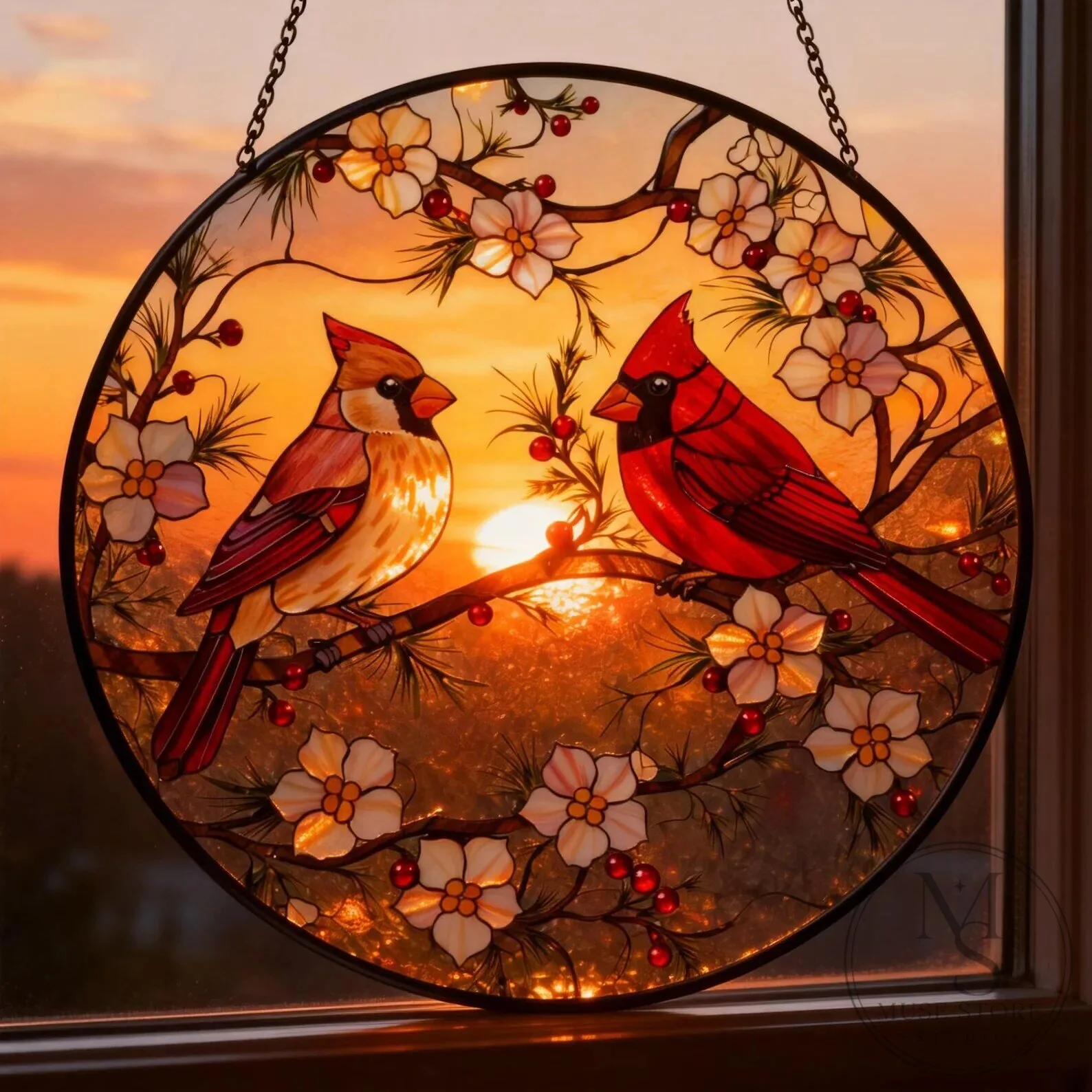 Cardinal Couple Stained Glass Window Panel Suncatcher
