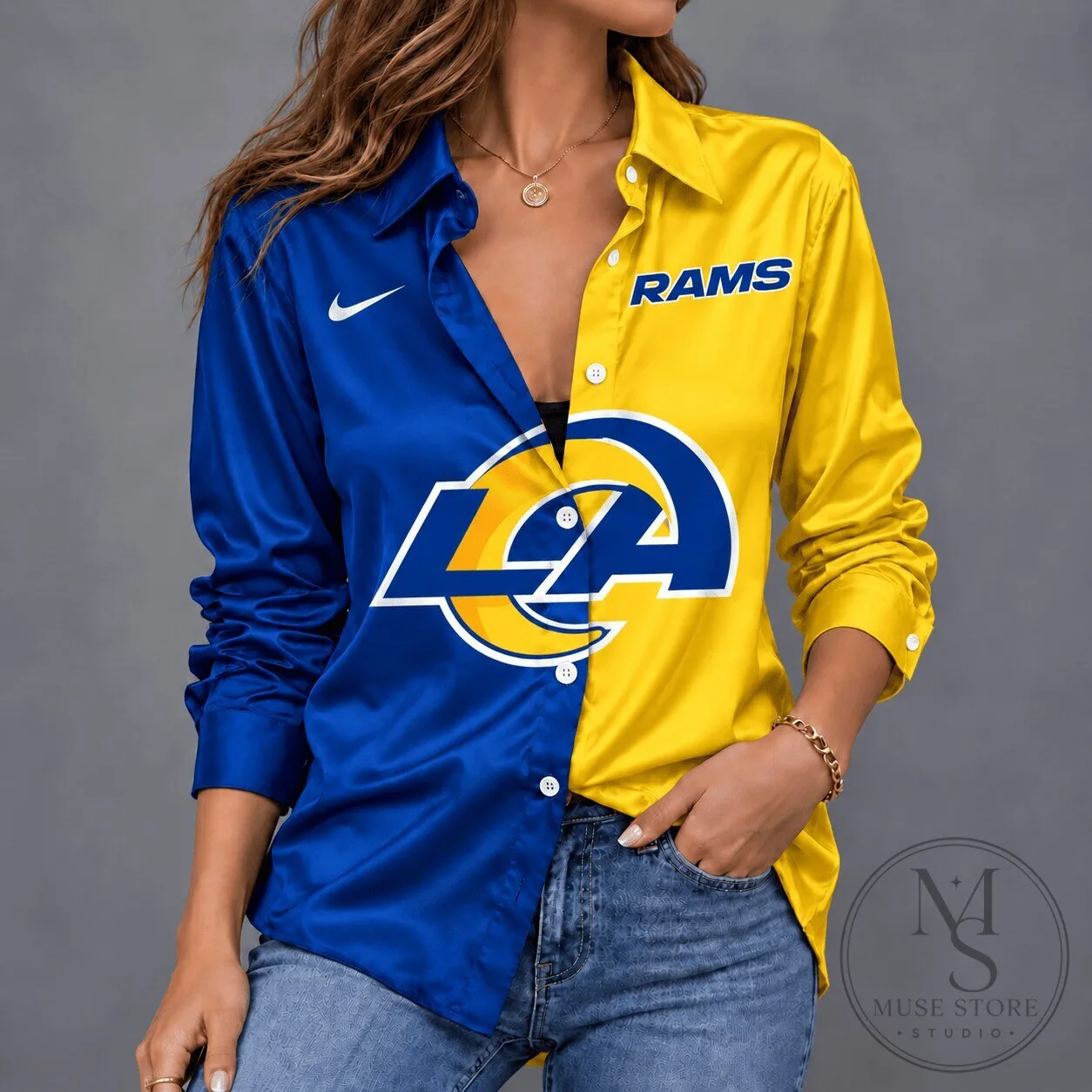 Los Angeles Rams Blue Yellow Split Design Long Sleeve Button Down Shirt