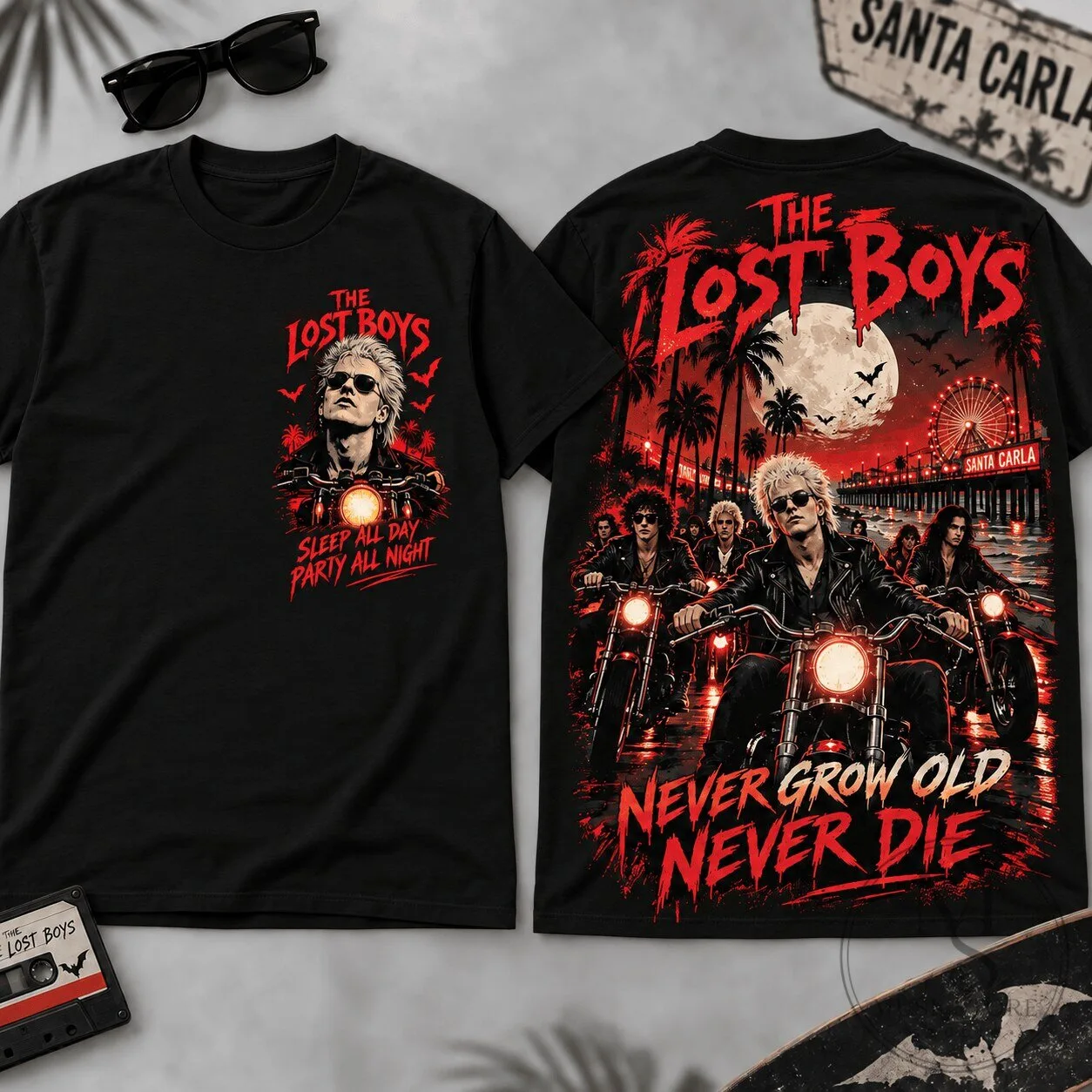 The Lost Boys Never Grow Old Never Die Movie Poster Black T-Shirt 1 The Lost Boys Never Grow Old Never Die Movie Poster Black T-Shirt