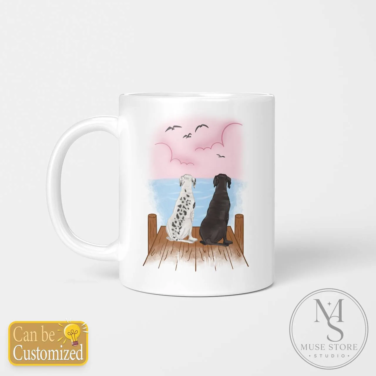 Personalized Two Dogs Sitting on Dock Watching Sunset Coffee Mug