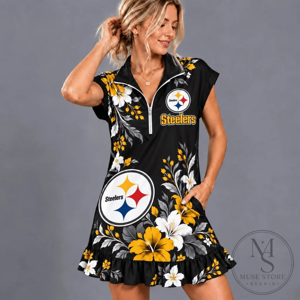 Pittsburgh Steelers Floral Game Day Ruffle Quarter-Zip Dress Pittsburgh Steelers Floral Game Day Ruffle Quarter-Zip Dress