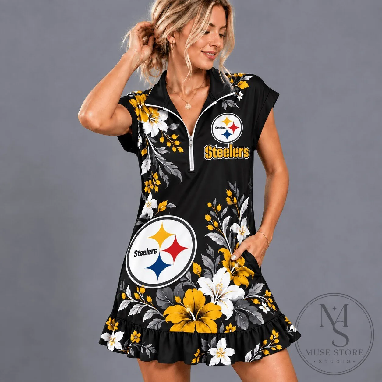 Pittsburgh Steelers Floral Game Day Ruffle Quarter-Zip Dress