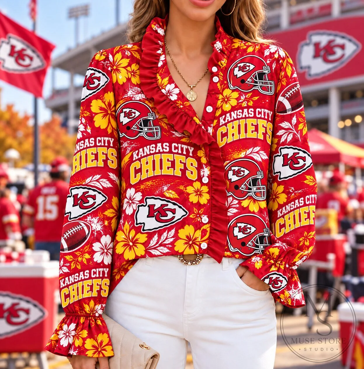 Kansas City Chiefs Tropical Floral Ruffle Blouse Long Sleeve Shirt