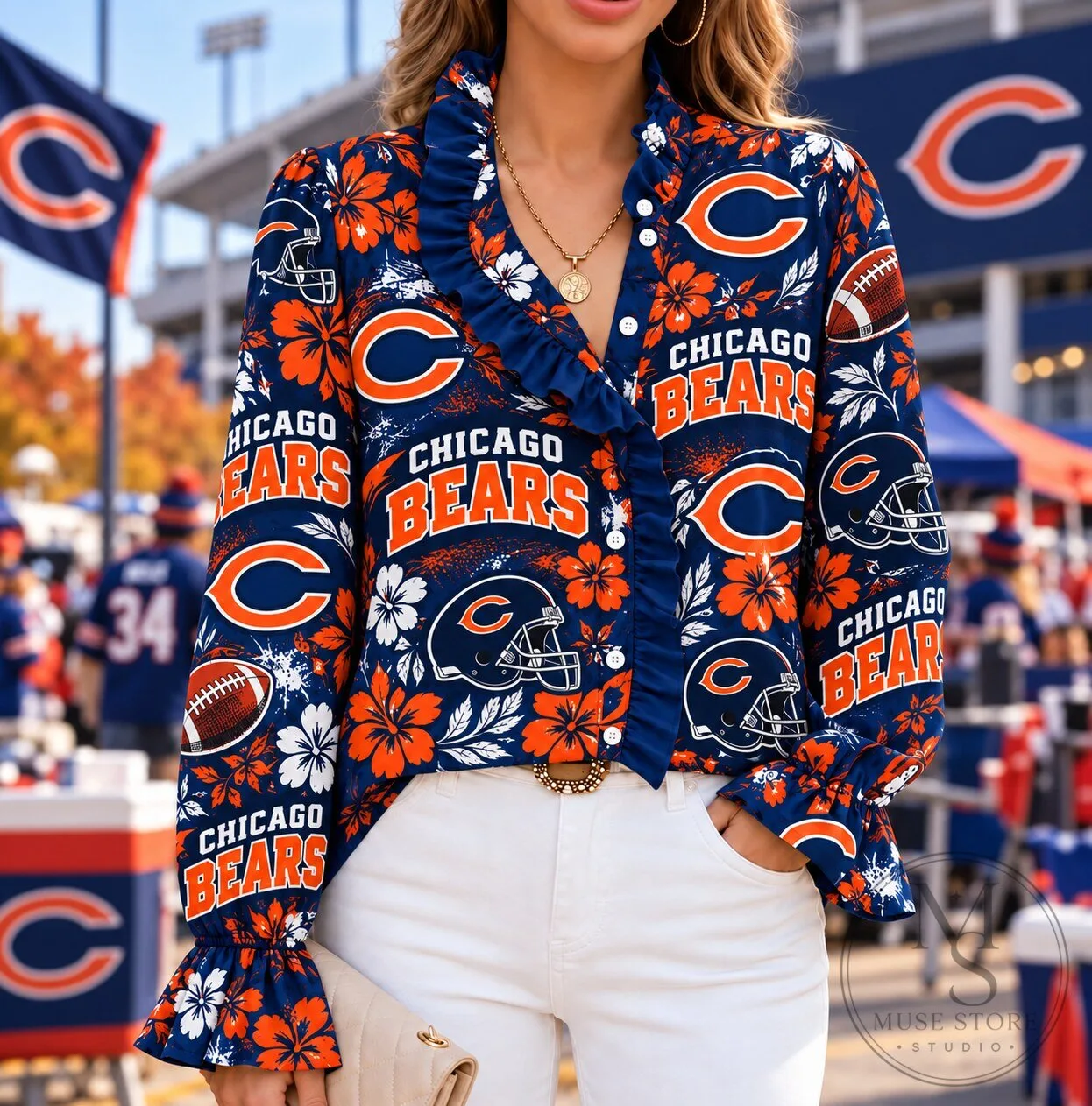 Chicago Bears Floral Pattern Ruffled Button Down Long Sleeve Shirt