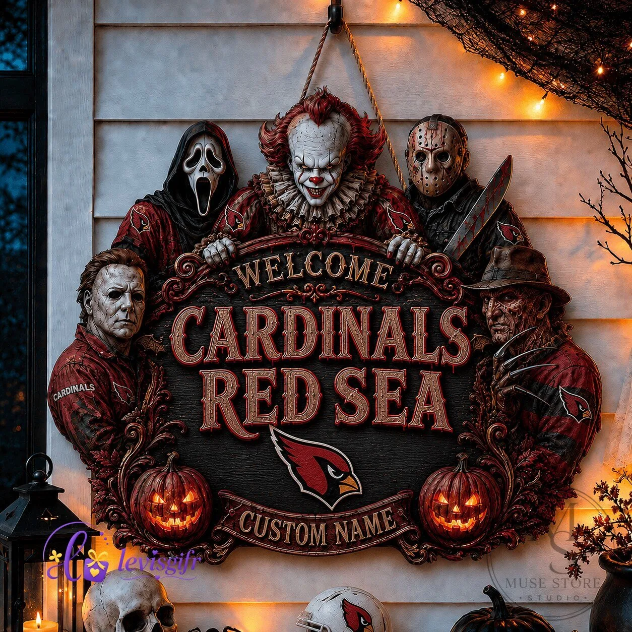 Arizona Cardinals Football Halloween Welcome Sign with Horror Movie Characters