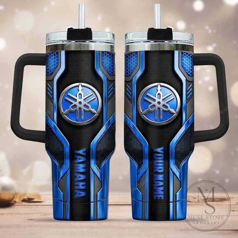 Yamaha Blue Logo Personalized Insulated Travel Tumbler with Handle