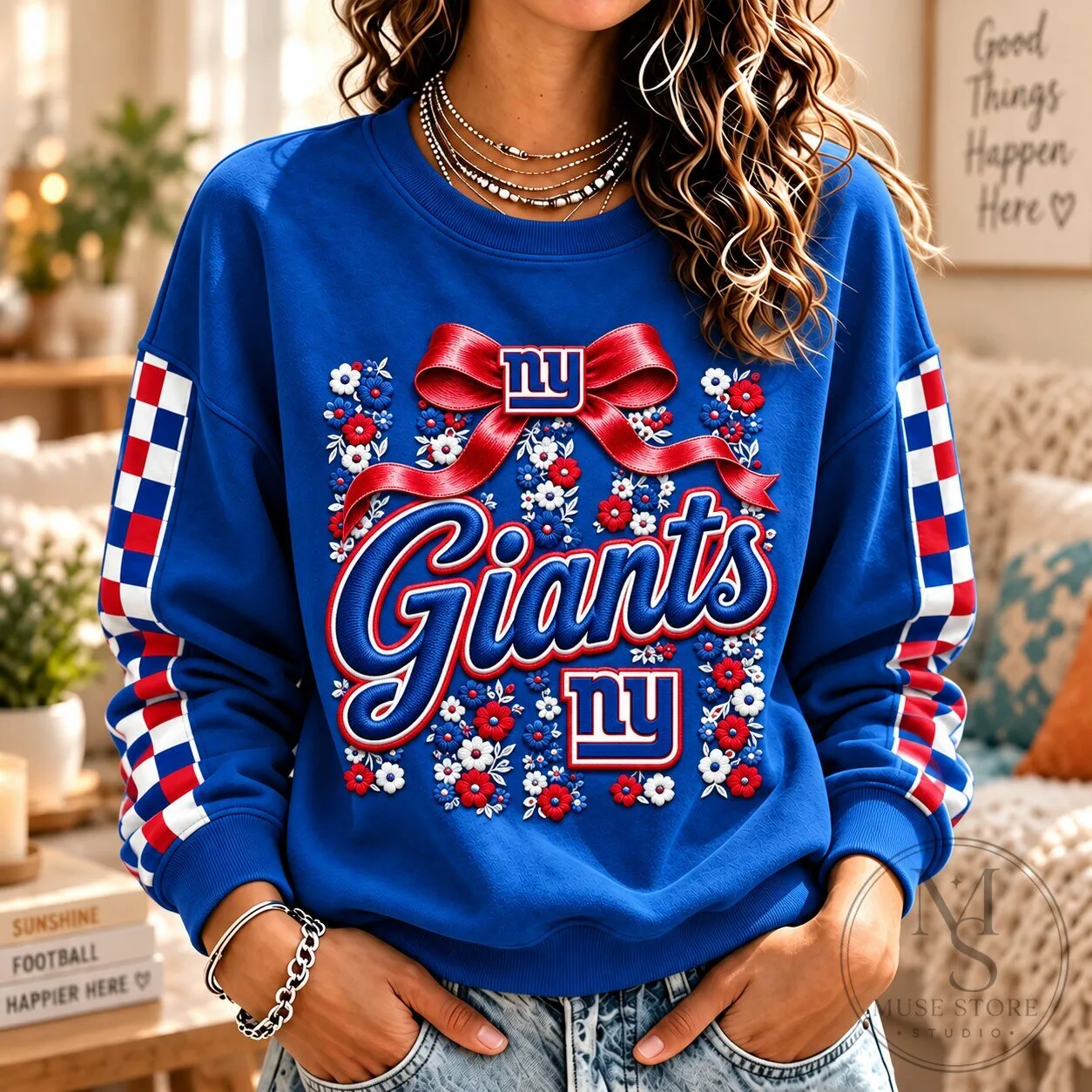 New York Giants NFL Football Team Floral Pattern Blue Crewneck Sweatshirt