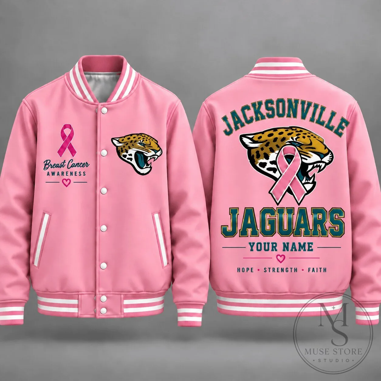 Jacksonville Jaguars Breast Cancer Awareness Personalized Varsity Jacket