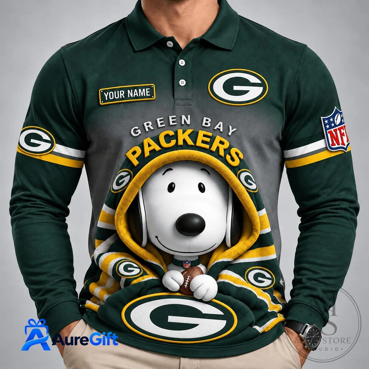Green Bay Packers Snoopy Christmas Kick Off Personalized Long Sleeve Polo Shirt