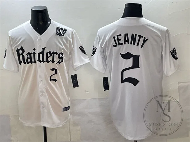 Las Vegas Raiders Ashton Jeanty Number 2 White Baseball Jersey 4 Las Vegas Raiders Ashton Jeanty Number 2 White Baseball Jersey