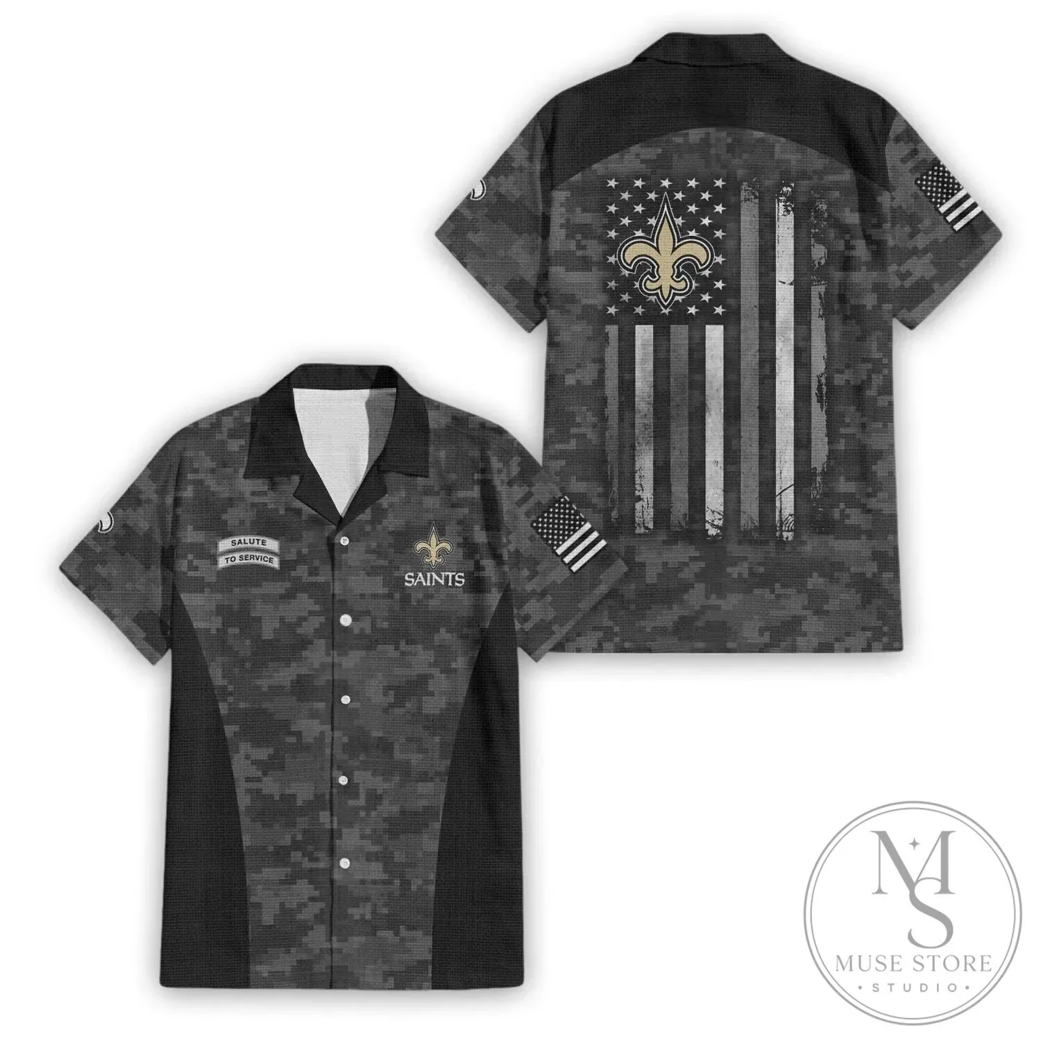 Hawaiian Shirt in Camouflage with American Flag for New Orleans Saints Salute to Service