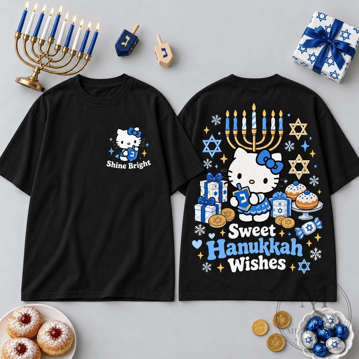 Hello Kitty Sweet Hanukkah Wishes Menorah Shine Bright Black T-Shirt 2 Hello Kitty Sweet Hanukkah Wishes Menorah Shine Bright Black T-Shirt