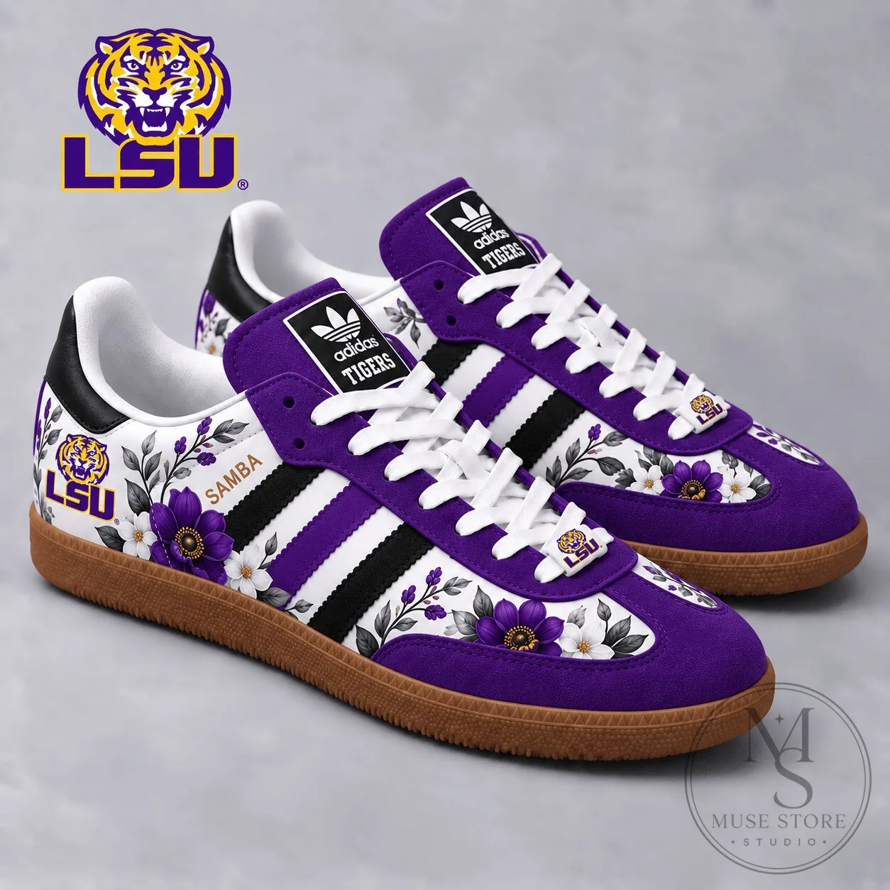 Louisiana State University Tigers Floral Pattern White and Purple Samba Shoes