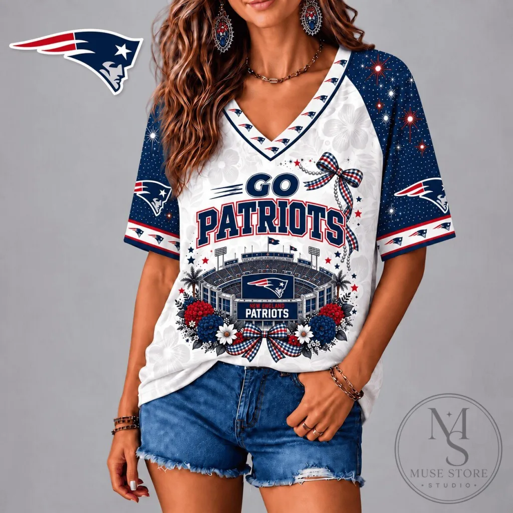 New England Patriots Patriotic Floral Stadium White V-Neck T-Shirt New England Patriots Patriotic Floral Stadium White V-Neck T-Shirt