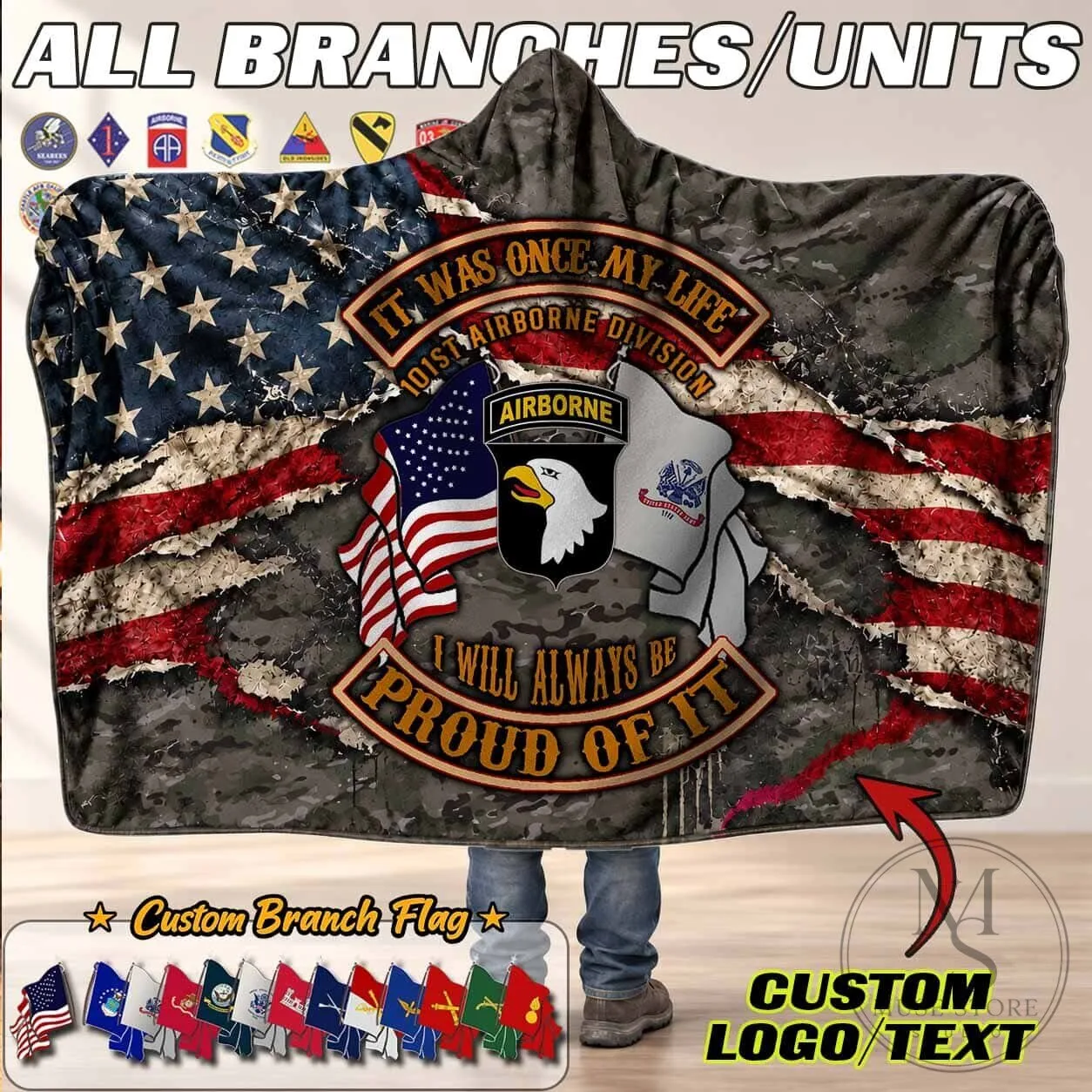 United States Army 101st Airborne Division Distressed Flag Hooded Blanket