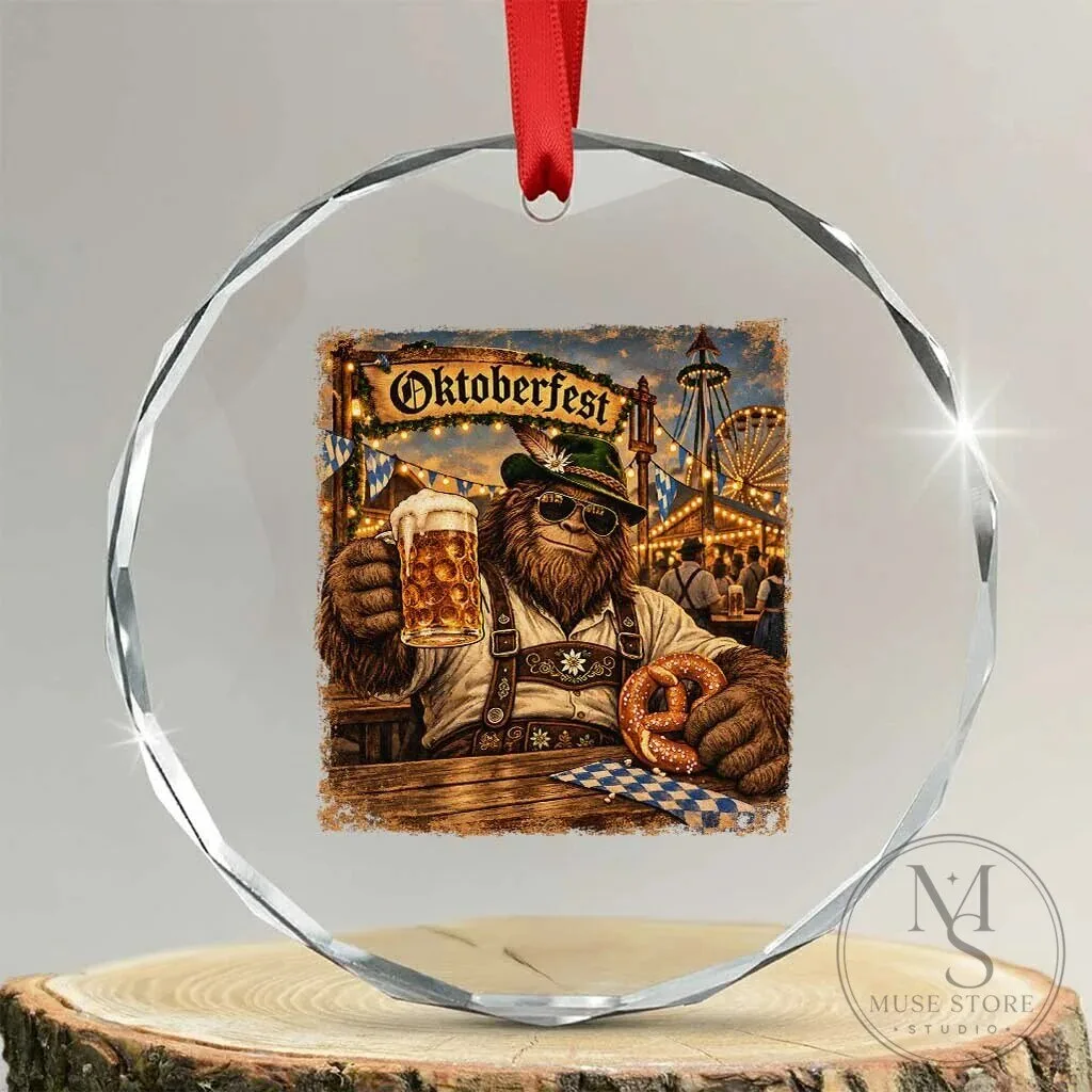Oktoberfest Bigfoot Sasquatch Lederhosen Beer Pretzel Crystal Glass Ornament